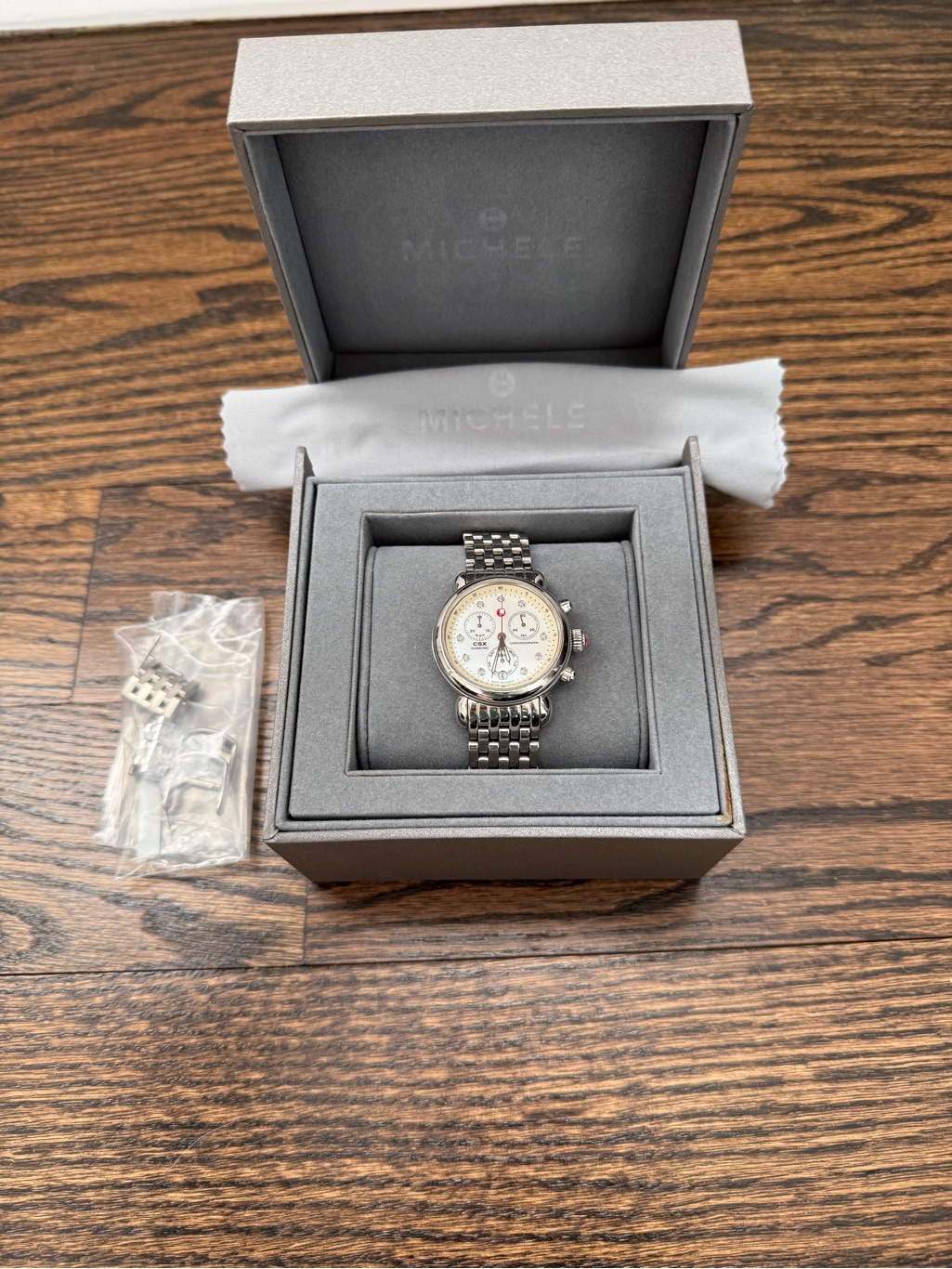 Michele SilverTone 36mm Csx Diamond Womens Chronograph Watch W White Mop Dial